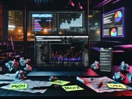 Dunkler, moderner Workspace mit Google Analytics Dashboard auf Laptop, wilden Notizen, Checkliste, Tracking-Codes, Charts und Stadtblick im Cyberpunk-Stil.