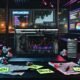 Dunkler, moderner Workspace mit Google Analytics Dashboard auf Laptop, wilden Notizen, Checkliste, Tracking-Codes, Charts und Stadtblick im Cyberpunk-Stil.