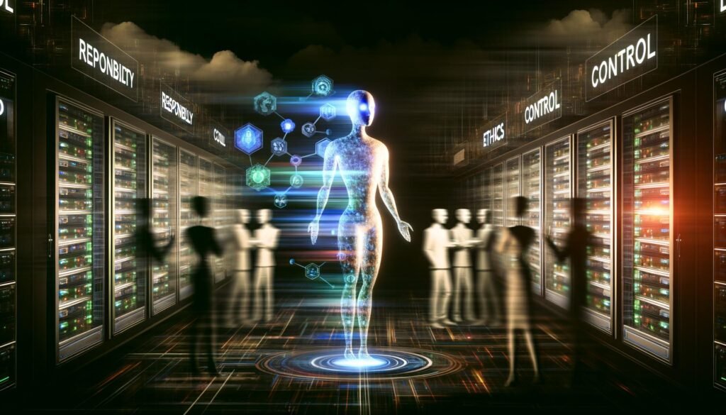 Dramatische KI-Szene in einem modernen Maschinenraum mit halbtransparenter, humanoider KI-Figur, blinkenden Serverracks und Menschen in Anzügen und Kitteln. Auf Monitoren sind Verantwortung, Kontrolle und Ethik zu sehen.