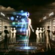 Dramatische KI-Szene in einem modernen Maschinenraum mit halbtransparenter, humanoider KI-Figur, blinkenden Serverracks und Menschen in Anzügen und Kitteln. Auf Monitoren sind Verantwortung, Kontrolle und Ethik zu sehen.