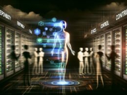 Dramatische KI-Szene in einem modernen Maschinenraum mit halbtransparenter, humanoider KI-Figur, blinkenden Serverracks und Menschen in Anzügen und Kitteln. Auf Monitoren sind Verantwortung, Kontrolle und Ethik zu sehen.
