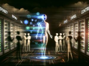 Dramatische KI-Szene in einem modernen Maschinenraum mit halbtransparenter, humanoider KI-Figur, blinkenden Serverracks und Menschen in Anzügen und Kitteln. Auf Monitoren sind Verantwortung, Kontrolle und Ethik zu sehen.