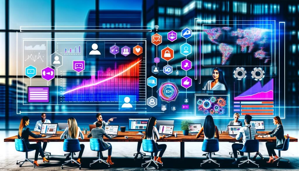 Stilisierter Schreibtisch mit großen Monitoren, die ein modernes Dashboard mit KPIs, Diagrammen und Social Media-Symbolen zeigen. Im Vordergrund arbeiten junge Professionals zusammen, begleitet von Marketing-Icons und digitaler Atmosphäre.