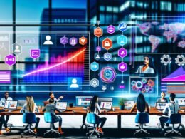 Stilisierter Schreibtisch mit großen Monitoren, die ein modernes Dashboard mit KPIs, Diagrammen und Social Media-Symbolen zeigen. Im Vordergrund arbeiten junge Professionals zusammen, begleitet von Marketing-Icons und digitaler Atmosphäre.