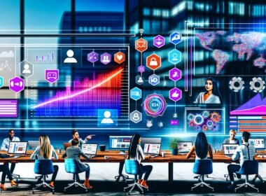 Stilisierter Schreibtisch mit großen Monitoren, die ein modernes Dashboard mit KPIs, Diagrammen und Social Media-Symbolen zeigen. Im Vordergrund arbeiten junge Professionals zusammen, begleitet von Marketing-Icons und digitaler Atmosphäre.