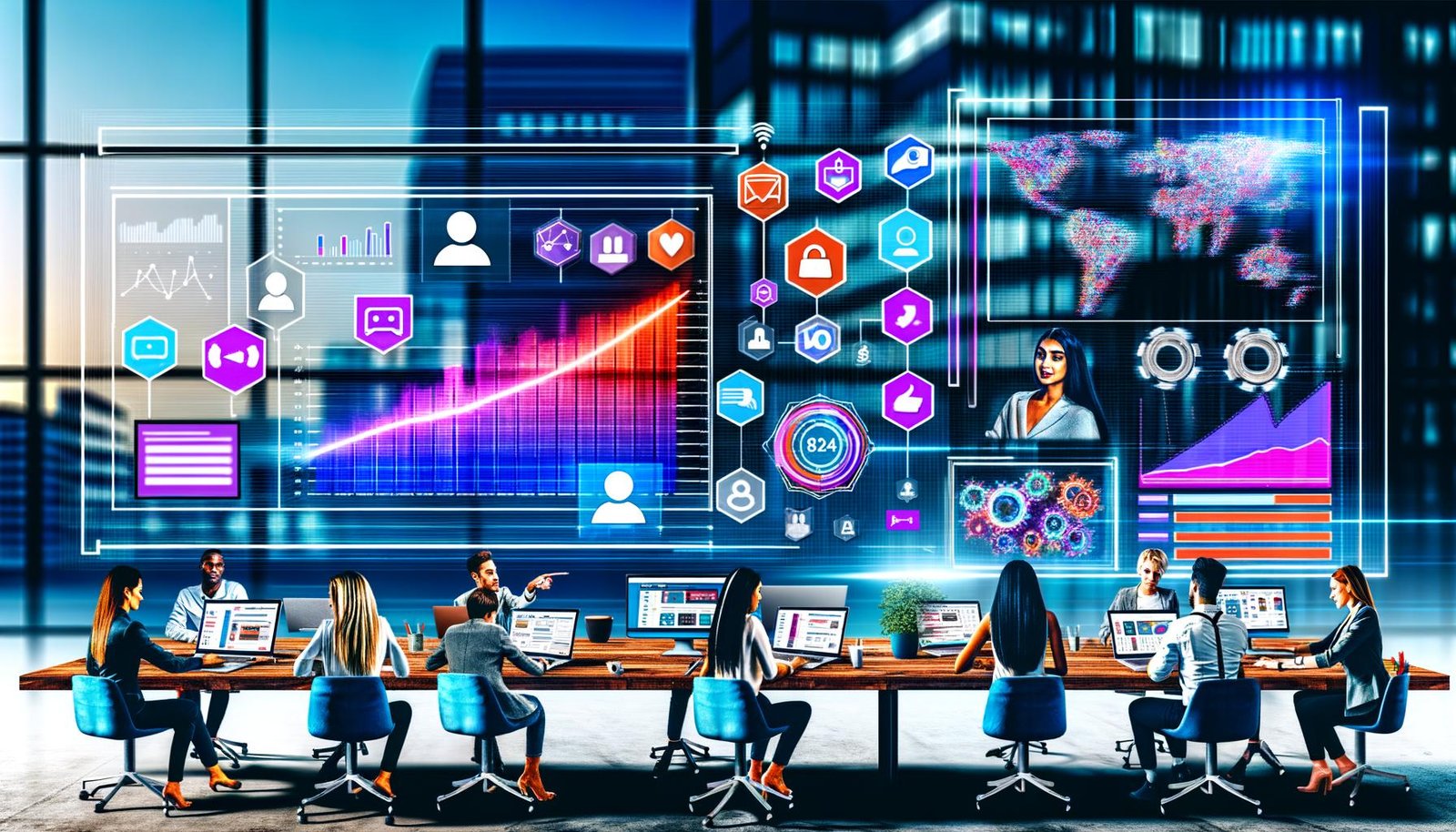 Stilisierter Schreibtisch mit großen Monitoren, die ein modernes Dashboard mit KPIs, Diagrammen und Social Media-Symbolen zeigen. Im Vordergrund arbeiten junge Professionals zusammen, begleitet von Marketing-Icons und digitaler Atmosphäre.