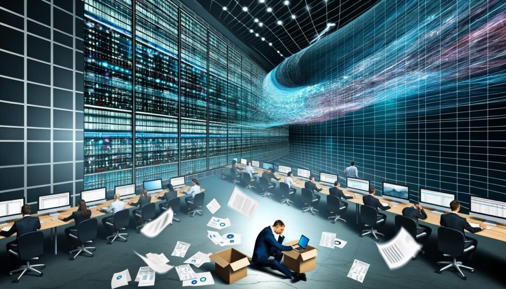 Dynamische Büroszene in naher Zukunft mit Analyst:innen vor leuchtenden digitalen Datenwellen, Papierbergen und automatisierten Datensystemen