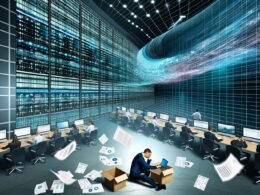 Dynamische Büroszene in naher Zukunft mit Analyst:innen vor leuchtenden digitalen Datenwellen, Papierbergen und automatisierten Datensystemen
