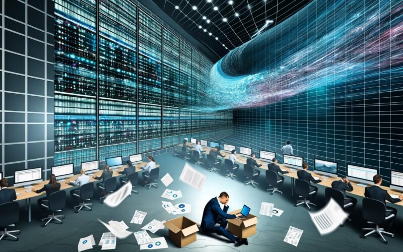 Dynamische Büroszene in naher Zukunft mit Analyst:innen vor leuchtenden digitalen Datenwellen, Papierbergen und automatisierten Datensystemen