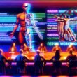 Satirische Boardroom-Illustration: Tech-Executives, Philosophen und PR-Profis um einen sezierten Roboter, vermischt mit mechanischen Teilen, Bücher und Fragezeichen in moderner Neonatmosphäre.