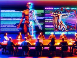 Satirische Boardroom-Illustration: Tech-Executives, Philosophen und PR-Profis um einen sezierten Roboter, vermischt mit mechanischen Teilen, Bücher und Fragezeichen in moderner Neonatmosphäre.