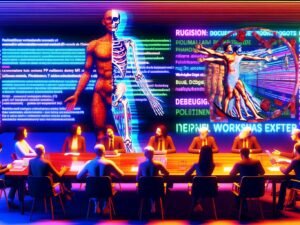 Satirische Boardroom-Illustration: Tech-Executives, Philosophen und PR-Profis um einen sezierten Roboter, vermischt mit mechanischen Teilen, Bücher und Fragezeichen in moderner Neonatmosphäre.