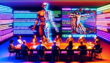 Satirische Boardroom-Illustration: Tech-Executives, Philosophen und PR-Profis um einen sezierten Roboter, vermischt mit mechanischen Teilen, Bücher und Fragezeichen in moderner Neonatmosphäre.