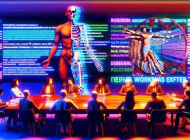 Satirische Boardroom-Illustration: Tech-Executives, Philosophen und PR-Profis um einen sezierten Roboter, vermischt mit mechanischen Teilen, Bücher und Fragezeichen in moderner Neonatmosphäre.