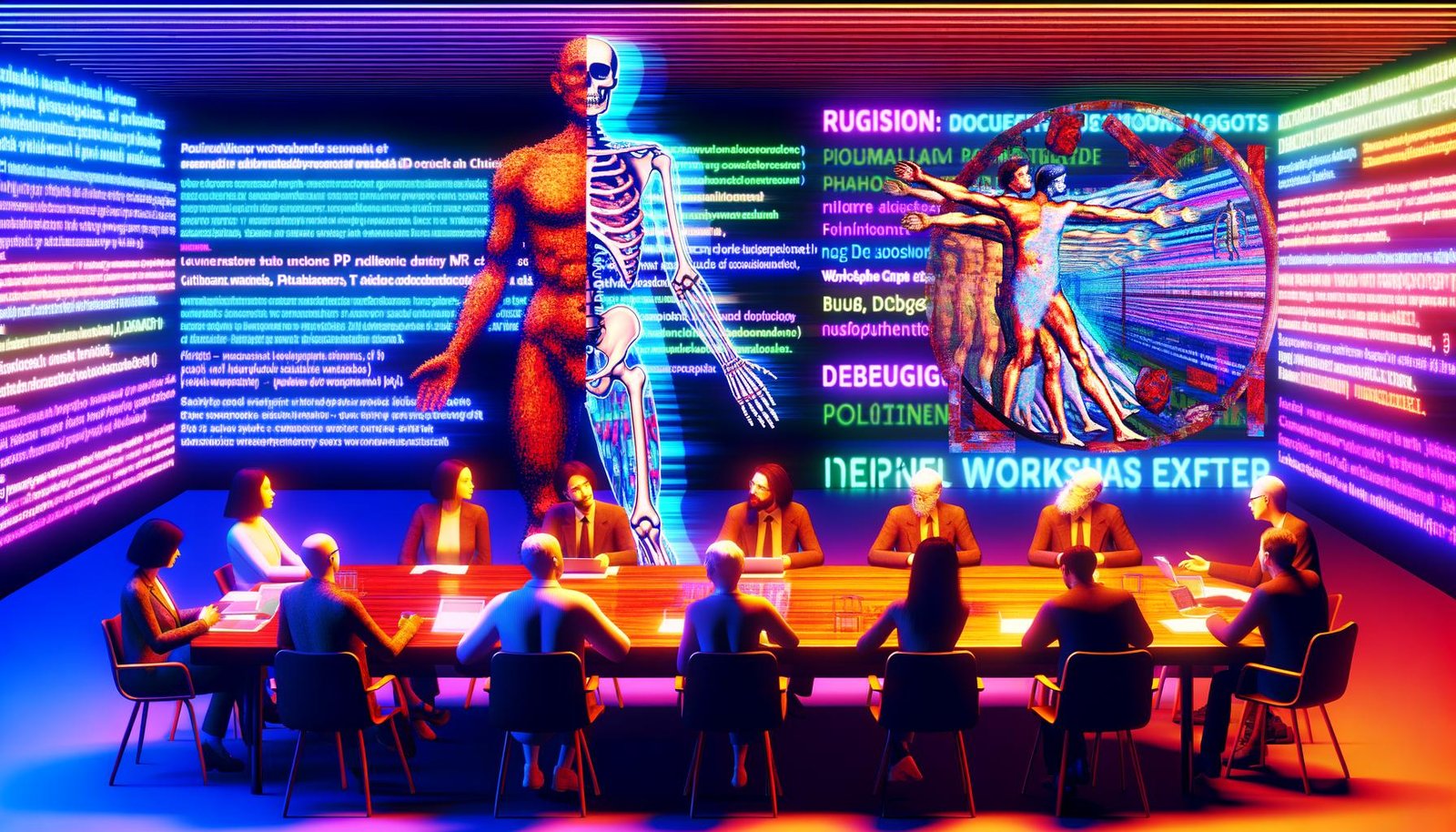 Satirische Boardroom-Illustration: Tech-Executives, Philosophen und PR-Profis um einen sezierten Roboter, vermischt mit mechanischen Teilen, Bücher und Fragezeichen in moderner Neonatmosphäre.