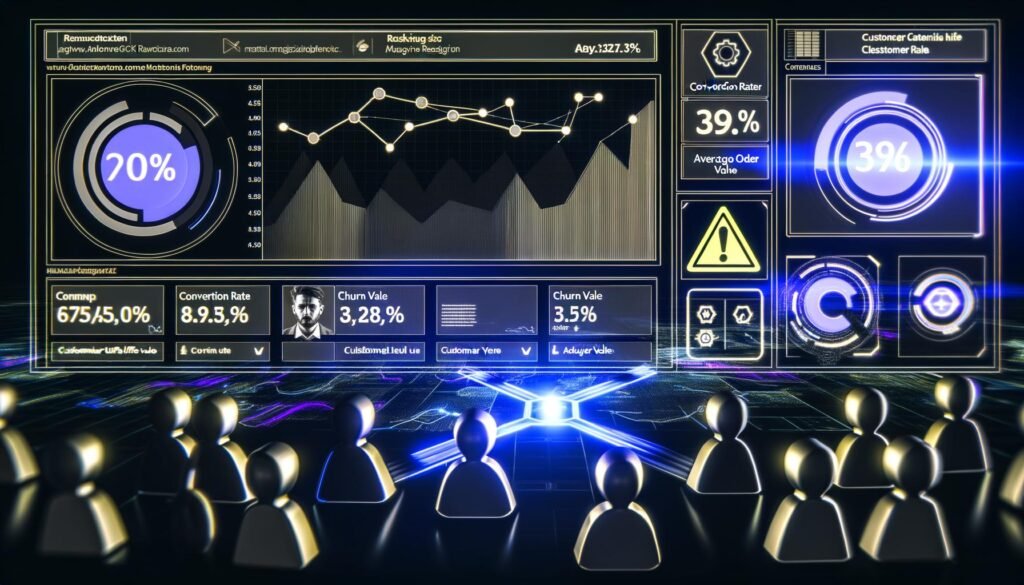 Modernes, dunkles User Analytics Dashboard mit klaren Graphen, KPI-Kacheln und einem Team aus Spezialisten bei der konzentrierten Analyse; im Hintergrund abstrahierte Datenströme.