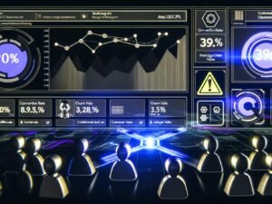 Modernes, dunkles User Analytics Dashboard mit klaren Graphen, KPI-Kacheln und einem Team aus Spezialisten bei der konzentrierten Analyse; im Hintergrund abstrahierte Datenströme.