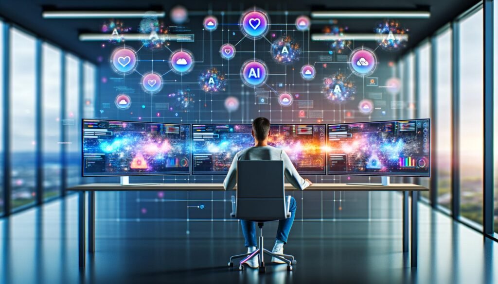 Social Media Manager am futuristischen Arbeitsplatz mit mehreren Monitoren, die Datenströme, Statistiken, Profilbilder und KI-Symbole zeigen