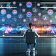Social Media Manager am futuristischen Arbeitsplatz mit mehreren Monitoren, die Datenströme, Statistiken, Profilbilder und KI-Symbole zeigen