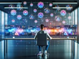 Social Media Manager am futuristischen Arbeitsplatz mit mehreren Monitoren, die Datenströme, Statistiken, Profilbilder und KI-Symbole zeigen