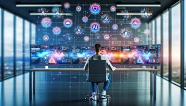 Social Media Manager am futuristischen Arbeitsplatz mit mehreren Monitoren, die Datenströme, Statistiken, Profilbilder und KI-Symbole zeigen