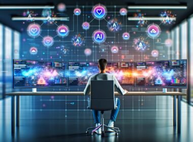 Social Media Manager am futuristischen Arbeitsplatz mit mehreren Monitoren, die Datenströme, Statistiken, Profilbilder und KI-Symbole zeigen