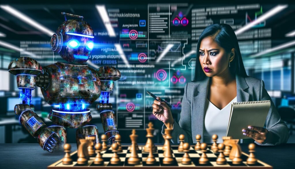 Ein Mensch mit Notizblock spielt Schach gegen eine futuristische Roboter-Maschine auf einem digital beleuchteten Schachbrett, während im Hintergrund Datenströme und Marketing-Analytics angezeigt werden.