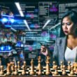 Ein Mensch mit Notizblock spielt Schach gegen eine futuristische Roboter-Maschine auf einem digital beleuchteten Schachbrett, während im Hintergrund Datenströme und Marketing-Analytics angezeigt werden.