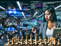 Ein Mensch mit Notizblock spielt Schach gegen eine futuristische Roboter-Maschine auf einem digital beleuchteten Schachbrett, während im Hintergrund Datenströme und Marketing-Analytics angezeigt werden.