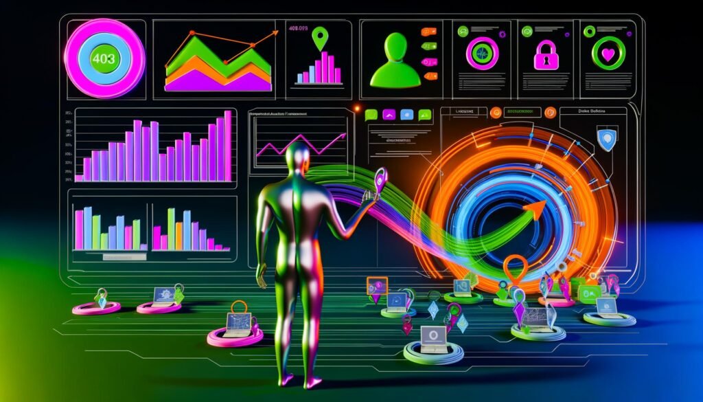Abstrakte Darstellung eines digitalen Dashboards mit User Analytics Framework, Diagrammen, Heatmaps, Conversion-Funnel und Geräten. Im Vordergrund ein Mensch, der Daten analysiert, umgeben von Symbolen für Datenschutz und Datenströmen.