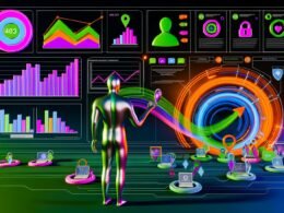 Abstrakte Darstellung eines digitalen Dashboards mit User Analytics Framework, Diagrammen, Heatmaps, Conversion-Funnel und Geräten. Im Vordergrund ein Mensch, der Daten analysiert, umgeben von Symbolen für Datenschutz und Datenströmen.