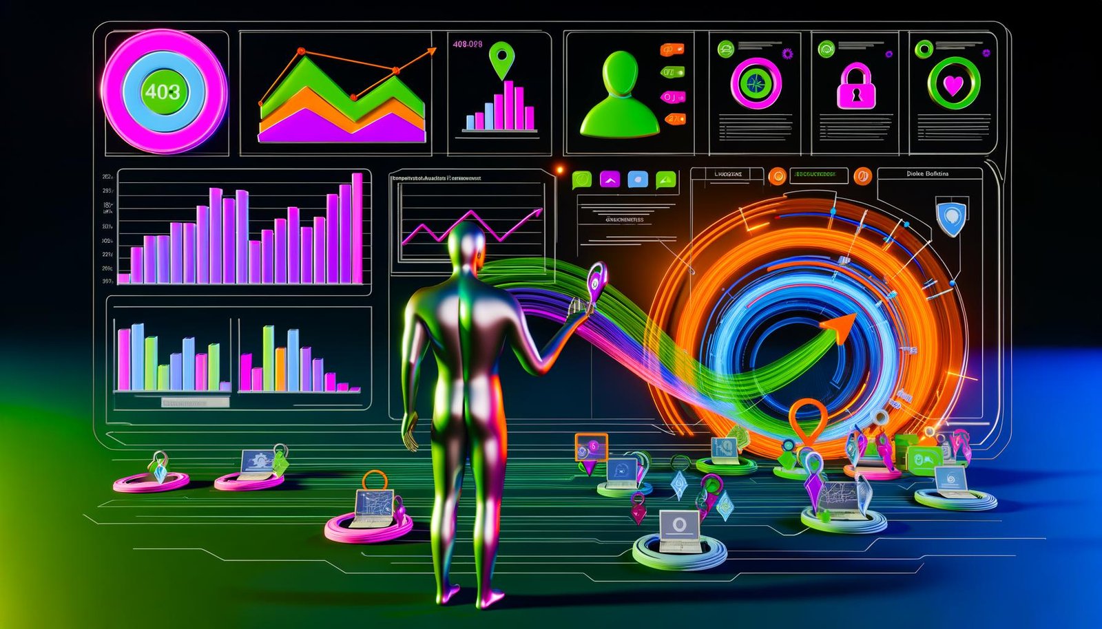 Abstrakte Darstellung eines digitalen Dashboards mit User Analytics Framework, Diagrammen, Heatmaps, Conversion-Funnel und Geräten. Im Vordergrund ein Mensch, der Daten analysiert, umgeben von Symbolen für Datenschutz und Datenströmen.