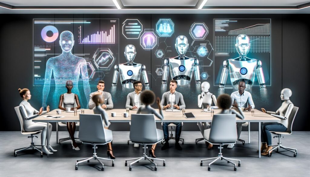 Futuristisches Büro mit Menschen und humanoiden Robotern an einem Konferenztisch, umgeben von holografischen digitalen Interfaces und Marketing-Dashboards