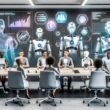 Futuristisches Büro mit Menschen und humanoiden Robotern an einem Konferenztisch, umgeben von holografischen digitalen Interfaces und Marketing-Dashboards