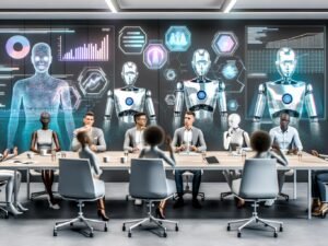 Futuristisches Büro mit Menschen und humanoiden Robotern an einem Konferenztisch, umgeben von holografischen digitalen Interfaces und Marketing-Dashboards