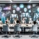 Futuristisches Büro mit Menschen und humanoiden Robotern an einem Konferenztisch, umgeben von holografischen digitalen Interfaces und Marketing-Dashboards