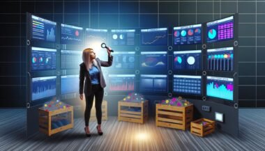 Marketingmanager mit Taschenlampe sucht im digitalen Nebel eines chaotischen Kontrollraums nach Zusammenhängen zwischen isolierten Dashboards, getrennt durch Glaswände mit dem Label 'Datensilo'.