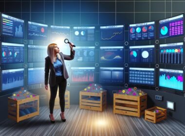 Marketingmanager mit Taschenlampe sucht im digitalen Nebel eines chaotischen Kontrollraums nach Zusammenhängen zwischen isolierten Dashboards, getrennt durch Glaswände mit dem Label 'Datensilo'.