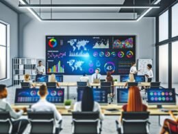 Modernes Büro mit großem beleuchtetem Dashboard, auf dem bunte Grafiken und Kennzahlen angezeigt werden, während ein diverses Team gemeinsam am Tisch arbeitet.