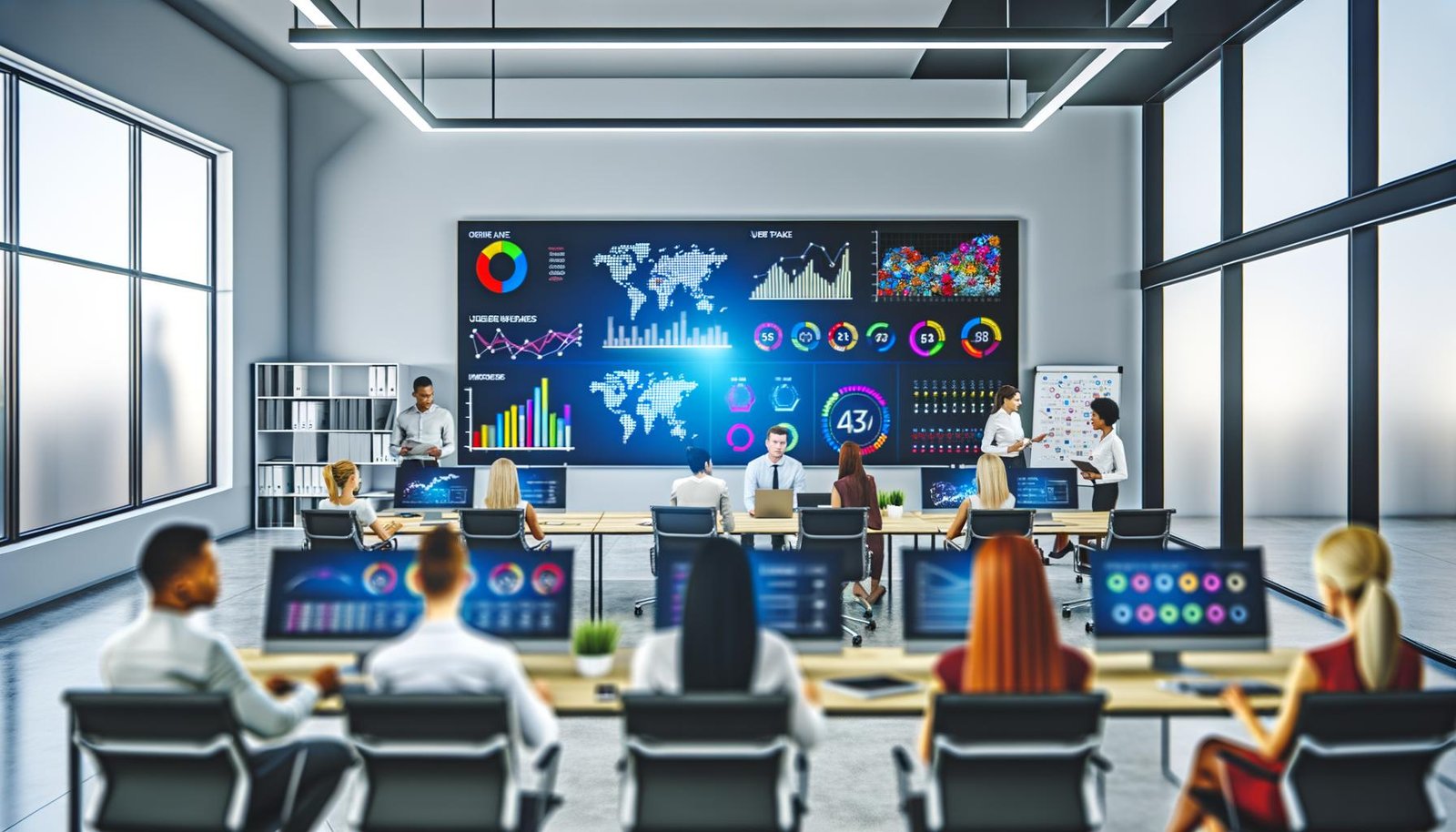 Modernes Büro mit großem beleuchtetem Dashboard, auf dem bunte Grafiken und Kennzahlen angezeigt werden, während ein diverses Team gemeinsam am Tisch arbeitet.