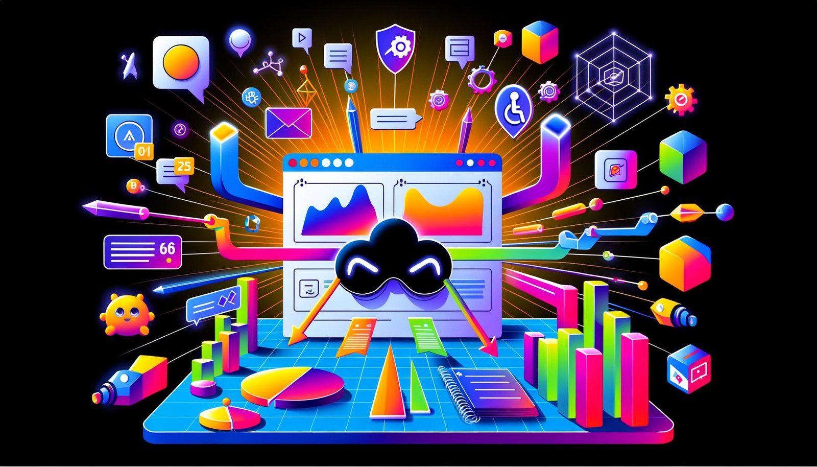 Technisch gestaltetes Dashboard mit Diagrammen, Heatmaps und Event-Tracking-Linien, umgeben von Analytics-Events, Consent-Schildern, Adblocker-Logos, Bots und Datenserver-Icons im Neon-Cyberpunk-Stil.
