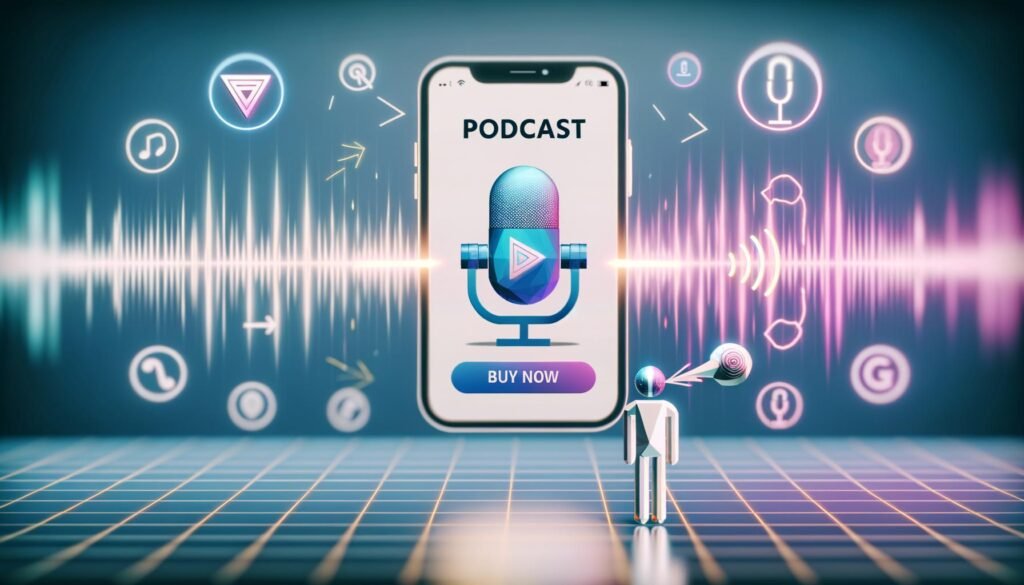 Stilisiertes Titelbild einer Apple Podcasts App auf iPhone mit Apple Pay Symbol, Person mit Ohrstöpseln bei Sprachkauf, digitale Elemente wie Lautsprecherwellen und Datenströme im Hintergrund.