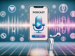 Stilisiertes Titelbild einer Apple Podcasts App auf iPhone mit Apple Pay Symbol, Person mit Ohrstöpseln bei Sprachkauf, digitale Elemente wie Lautsprecherwellen und Datenströme im Hintergrund.