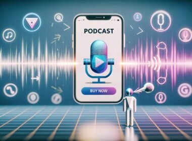 Stilisiertes Titelbild einer Apple Podcasts App auf iPhone mit Apple Pay Symbol, Person mit Ohrstöpseln bei Sprachkauf, digitale Elemente wie Lautsprecherwellen und Datenströme im Hintergrund.