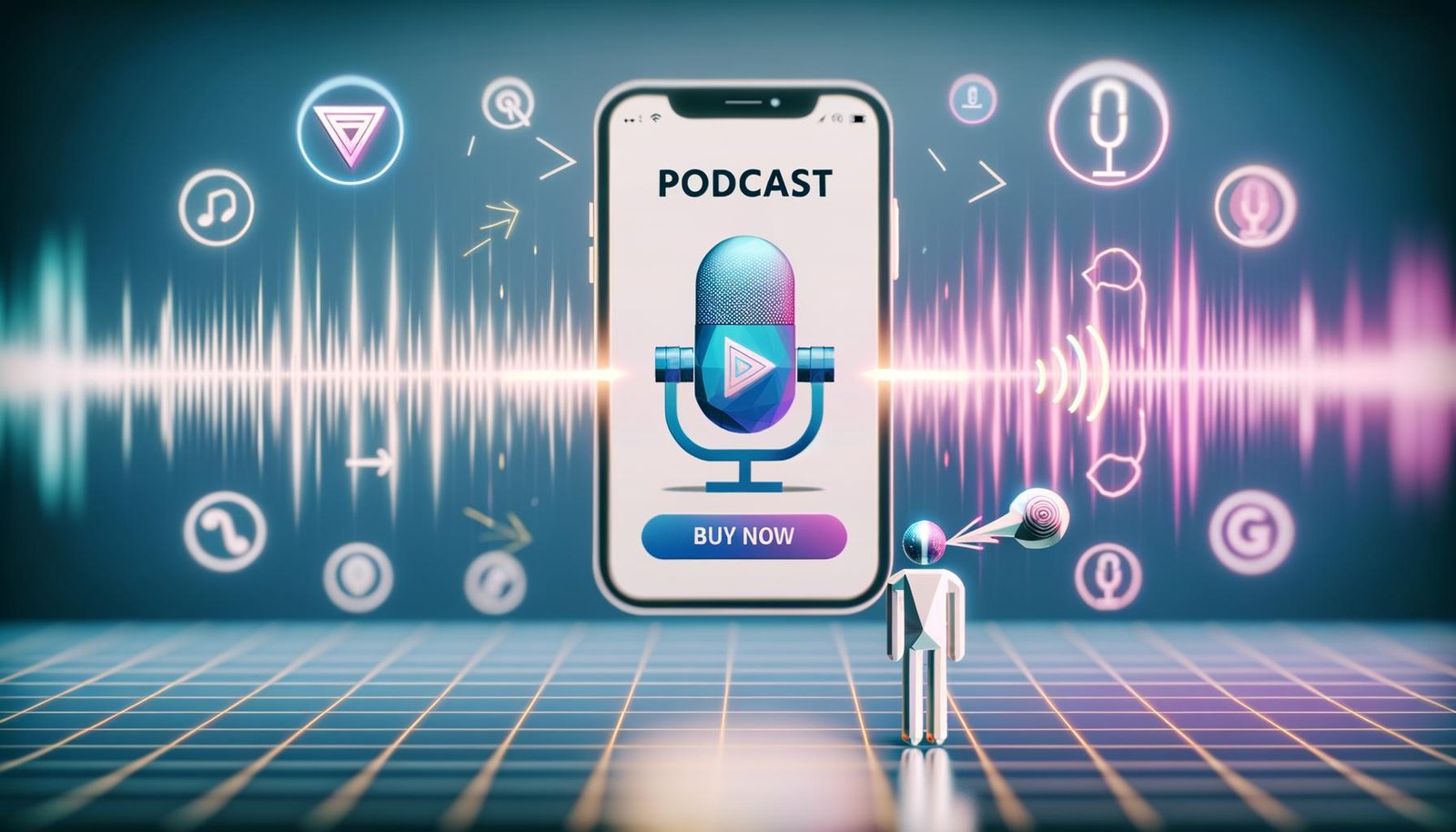 Stilisiertes Titelbild einer Apple Podcasts App auf iPhone mit Apple Pay Symbol, Person mit Ohrstöpseln bei Sprachkauf, digitale Elemente wie Lautsprecherwellen und Datenströme im Hintergrund.