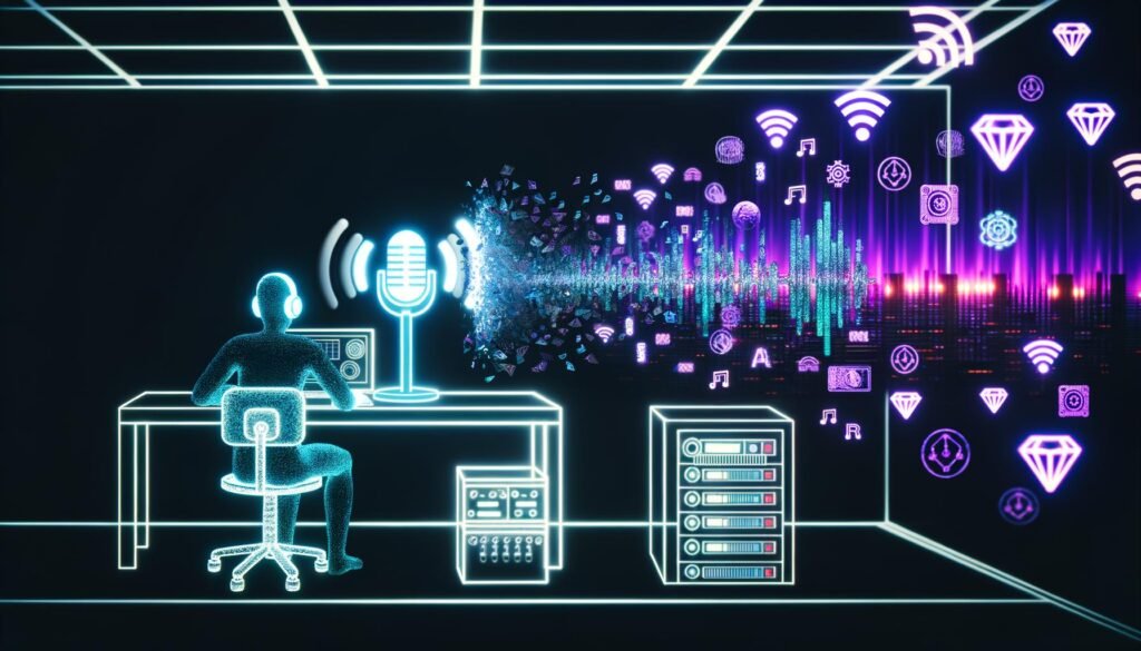 Modernes Podcast-Studio, das klassische Audiotechnik mit Web3-Elementen wie Blockchain, NFTs und Wallets verbindet. Im Hintergrund leuchtende Server-Racks und Protokollbücher, im Vordergrund ein programmierender Mensch an einem Schreibtisch zwischen Podcast- und Krypto-Hardware.
