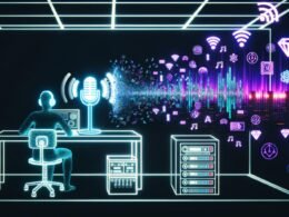 Modernes Podcast-Studio, das klassische Audiotechnik mit Web3-Elementen wie Blockchain, NFTs und Wallets verbindet. Im Hintergrund leuchtende Server-Racks und Protokollbücher, im Vordergrund ein programmierender Mensch an einem Schreibtisch zwischen Podcast- und Krypto-Hardware.