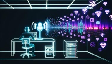 Modernes Podcast-Studio, das klassische Audiotechnik mit Web3-Elementen wie Blockchain, NFTs und Wallets verbindet. Im Hintergrund leuchtende Server-Racks und Protokollbücher, im Vordergrund ein programmierender Mensch an einem Schreibtisch zwischen Podcast- und Krypto-Hardware.