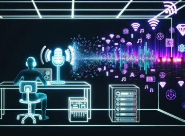 Modernes Podcast-Studio, das klassische Audiotechnik mit Web3-Elementen wie Blockchain, NFTs und Wallets verbindet. Im Hintergrund leuchtende Server-Racks und Protokollbücher, im Vordergrund ein programmierender Mensch an einem Schreibtisch zwischen Podcast- und Krypto-Hardware.