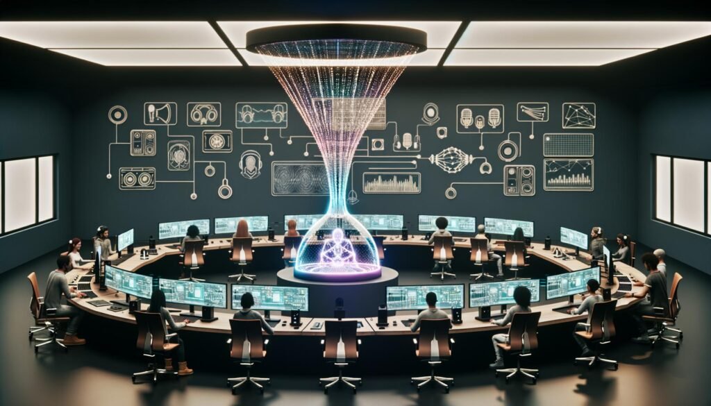 Futuristisches Audio-Studio mit diversen Ingenieuren, KI-Audioassistent als leuchtende Schallwelle, holografische Interfaces und Marken- sowie Technik-Icons an den Wänden.
